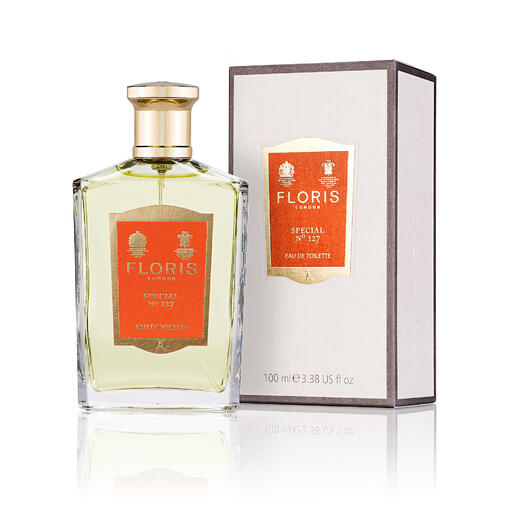 Floris No. 127, 100 ml Parfumflasche in rechteckiger Form mit goldfarbenemverschluss.