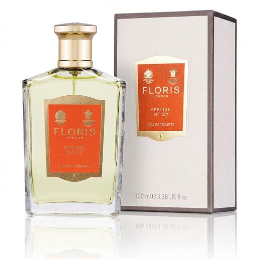 Floris No. 127, 100 ml Parfumflasche in rechteckiger Form mit goldfarbenemverschluss.
