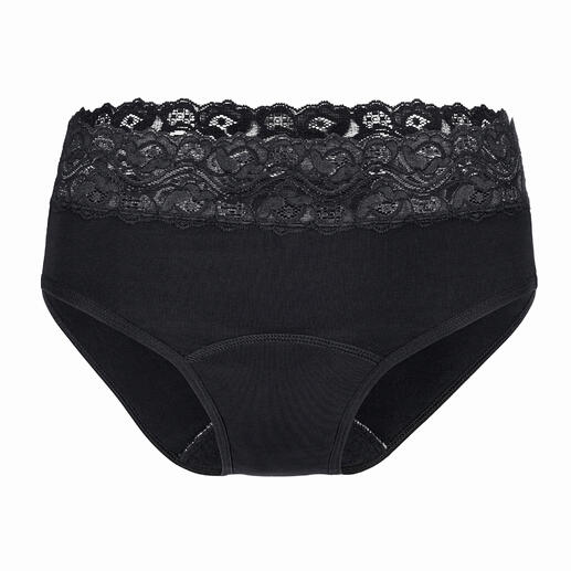 Schwarzer Spitzenslip mit Spitzenbund auf einem weißen Hintergrund