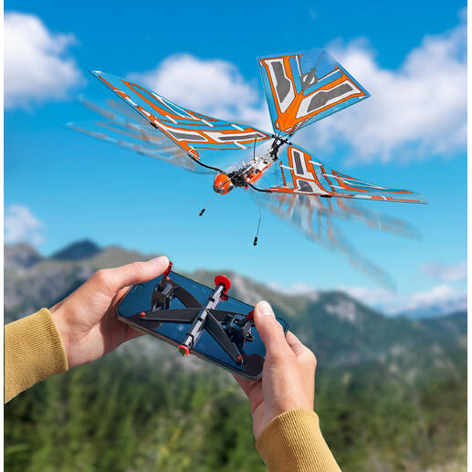 Ferngesteuertes Modell eines fliegenden Insekts mit orangefarbener Flügelstruktur.