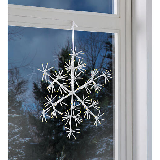 LED Schneeflocke hängt am Fenster mit einer Sicht auf den Garten.