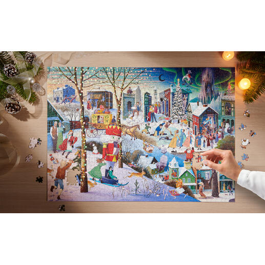 Bunte Puzzleszene mit Menschen an einem Wintermarkt, Puzzlestücke liegen verstreut.