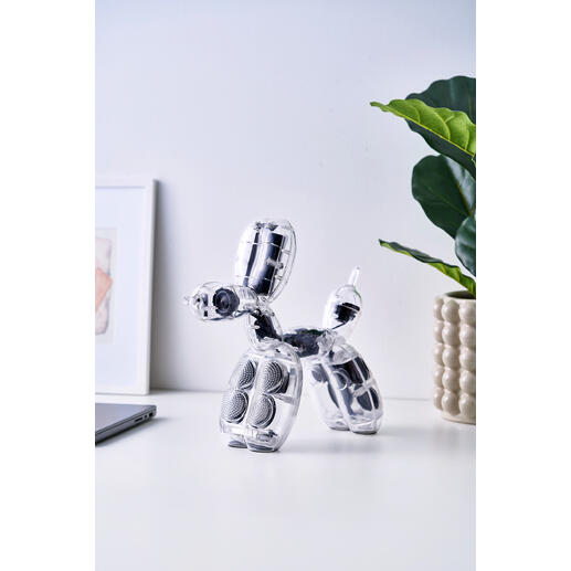 Skulpturaler Lautsprecher in Form eines Hundes aus Luftballons.
