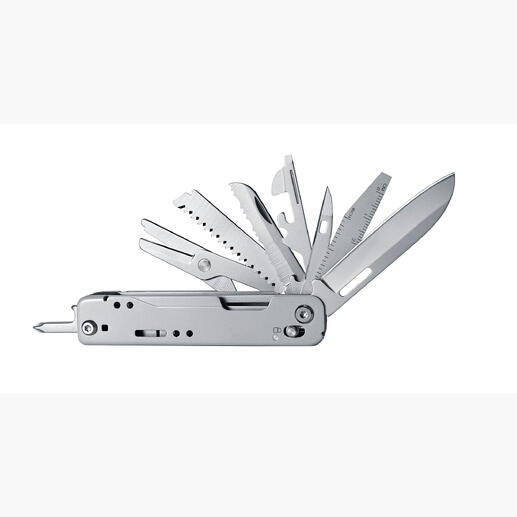 Kompaktes Multitool 12-in-1 mit verschiedenen Werkzeugen ausgeklappt.
