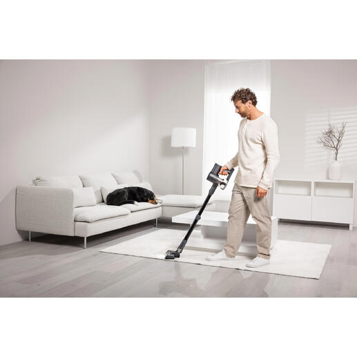 Mann saugt mit einem Akku-Staubsauger auf einem Teppich, Hund liegt auf einem Sofa.