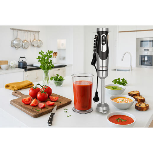 Power Stabmixer 1.500W auf der Küchenarbeitsplatte mit Tomaten und Gemüsesuppe.