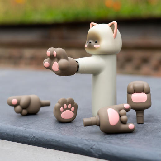 Mini-Massagegerät in Hasenform mit verschiedenen Massageköpfen.