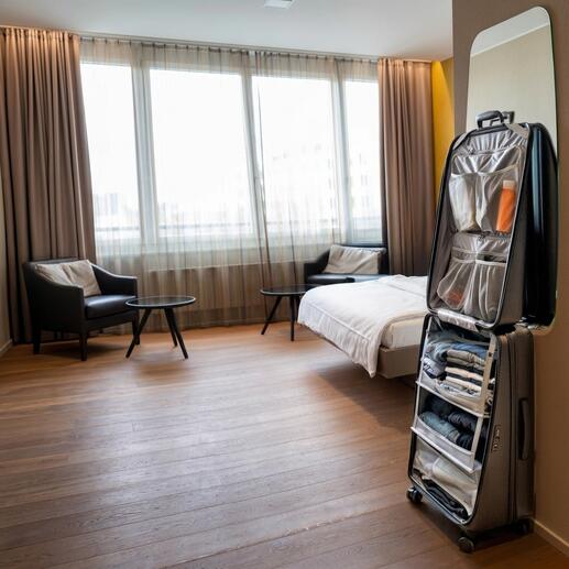 Schrankkoffer in einem Hotelzimmer, offen mit Kleidung und Zubehör.