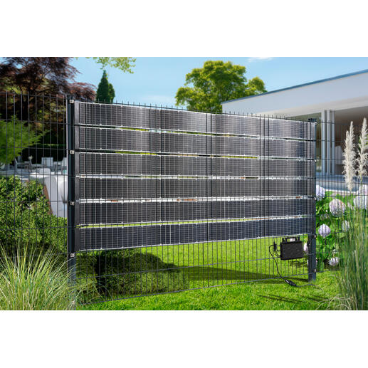 Solarkraftwerk eingezäunt mit mehreren Solarpanelen im Garten.