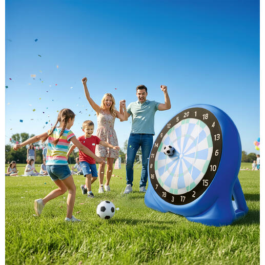 Familie spielt Fussball-Dart im Freien mit einer großen Zielscheibe.