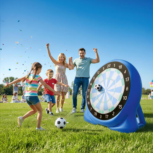 Familie spielt Fussball-Dart im Freien mit einer großen Zielscheibe.