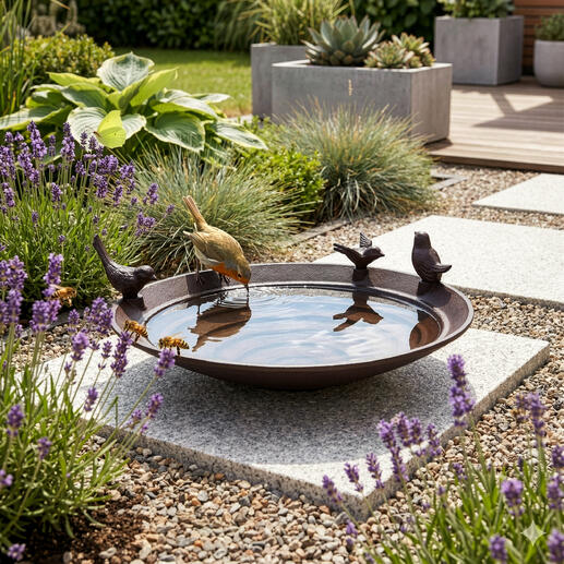 Vogeltränke aus Metall mit Vögeln und Wasser im Garten.