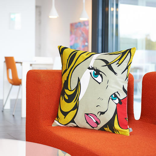 Pop-Art-Kissenhülle In präziser Einfaden-Kettstich-Technik entsteht das starkfarbige, ikonische Dessin.