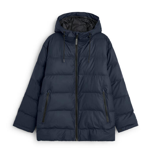 Dunkelblaue, wasserdichte Pufferjacke mit Kapuze und Reißverschluss.