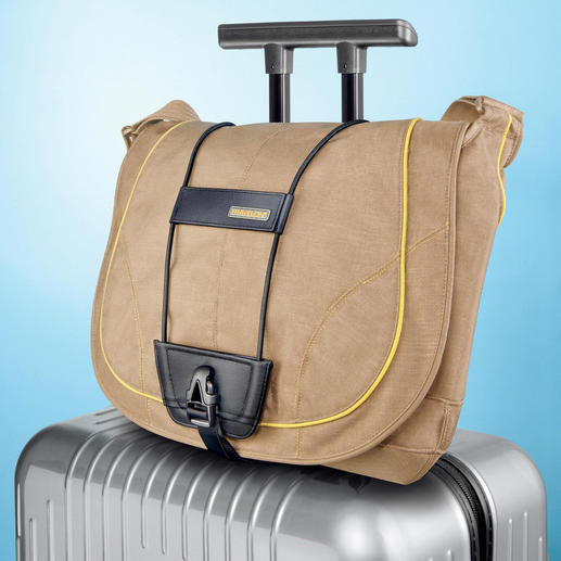 Bag Bungee befestigen Sie einfach per Clipverschluss am Tragegriff Ihres Trolleys. Bag Bungee befestigen Sie einfach per Clipverschluss am Tragegriff Ihres Trolleys.