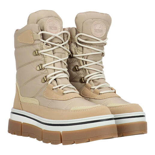 Beige Pajar Ice-Gripper-Boots stehen ohne Hintergrund.