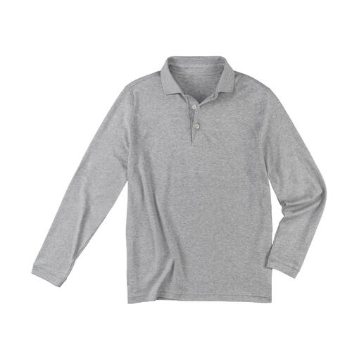 Schwarzes Pima-Interlock-Polo in Größe 48, auf weißem Hintergrund.