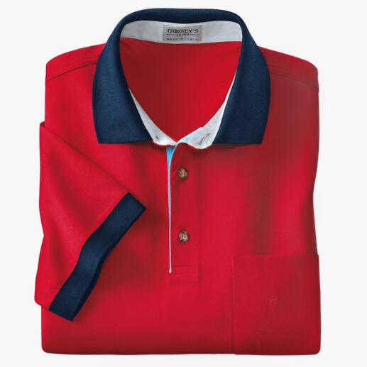 Das original Goosey's-Polo – seit über 50 Jahren im Golf-Sport zu Hause. Hergestellt in Mortara/Italien. Aus edler „Filo di Scozia®“-Baumwolle. Rotes Polo mit dunklem Kragen, gefaltet auf einem weißen Hintergrund.
