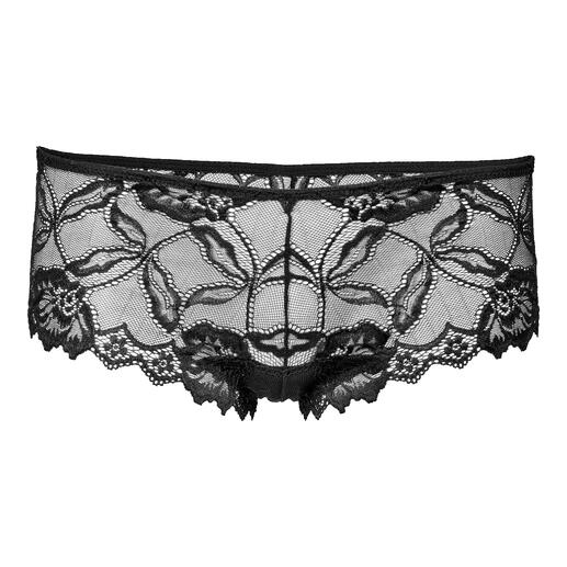 After Eden Boxer-Slip in Schwarz, Vorderansicht mit floralen Spitzenmustern.