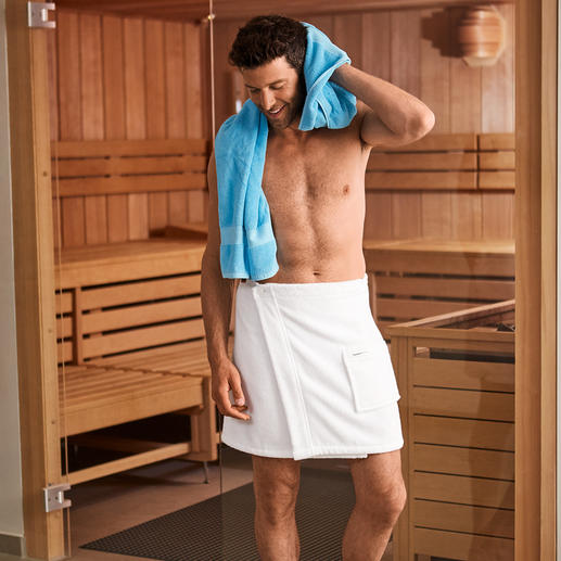 Der dreifach rutschsichere Sauna-Sarong und -Kilt. Macht Schluss mit ungewolltem Öffnen. Vom Homewear-Spezialisten Taubert.