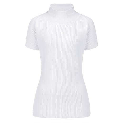 Weißer Kurzarm-Pullover, Gr. 36, mit Stehkragen.
