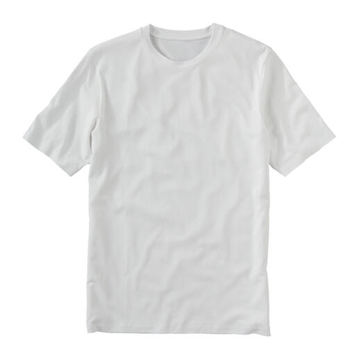 Weißes Tencel™-Basic-T-Shirt auf grauem Hintergrund.