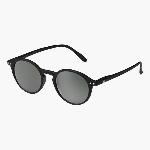 Schwarze Sonnenbrille mit runden Gläsern und feinem Kunststoffgestell.