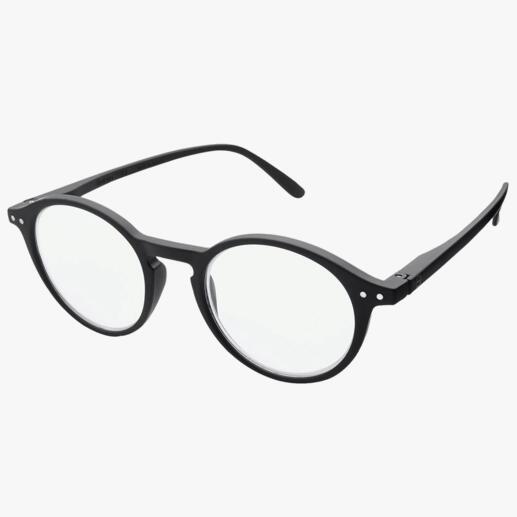 Schwarze Lesebrille mit klaren Gläsern.