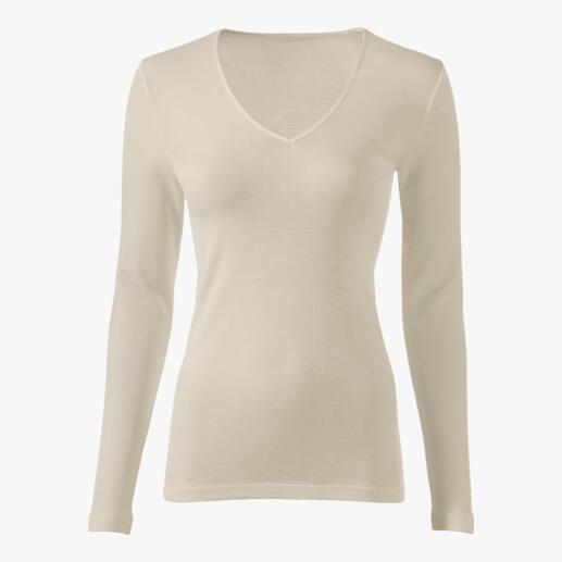 Beiges Woolen Silk Langarm-Shirt mit V-Ausschnitt.