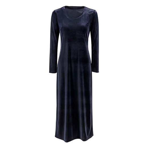 Dunkelblaues Nickikleid mit langem Arm und V-Ausschnitt.