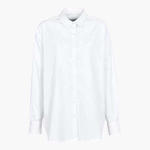 Weiße Basic-Oversize-Bluse in Größe 34 mit Kragen und Knopfleiste.