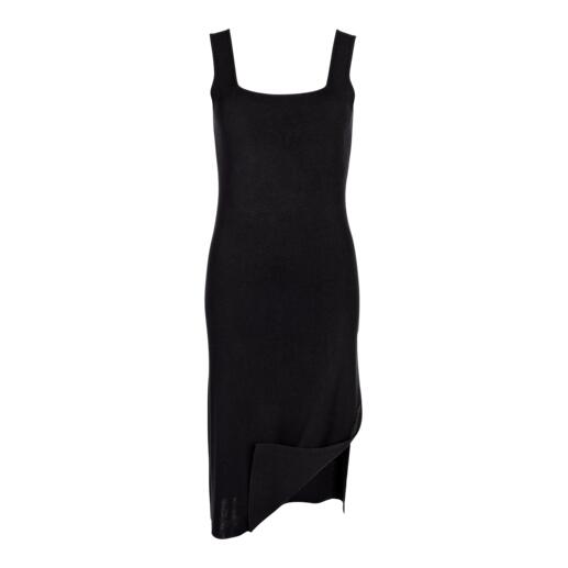 Schwarzes Seiden-Lyocellkleid mit asymmetrischem Saum