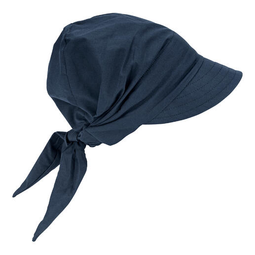 Baumwoll-Bindekappe in navy, mit Knoten hinten.