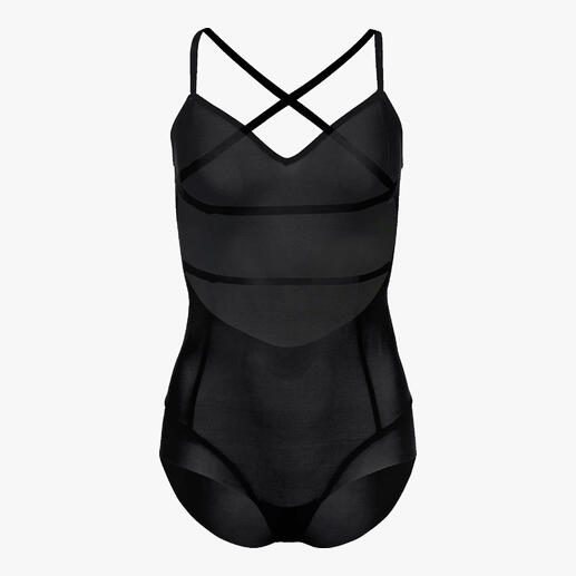 Vorderansicht eines schwarzen Mesh-Bodys auf weißem Hintergrund.