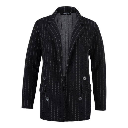 Schwarzer Nadelstreifen-Strickblazer mit Knöpfen.