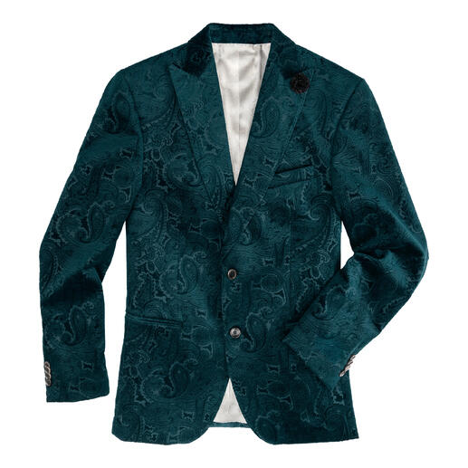 Grünes Paisley-Sakko, detailreiche Ansicht mit Struktur und Taschen.