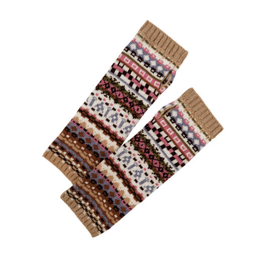 Jacquard-Stulpen in Mandel-Multicolor-Design auf weißem Hintergrund.