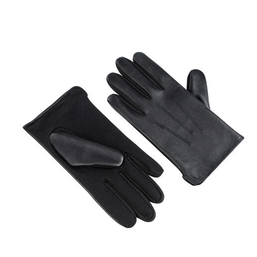 Schwarze Lederhandschuhe auf weißem Hintergrund, eine Hand offen.