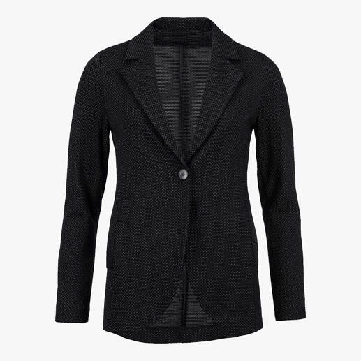 Der Pünktchen-Blazer aus Punto Milano-Jersey. Viel bequemer und interessanter als ein klassischer schwarzer Blazer. Von Vicario Cinque, made in Italy. 