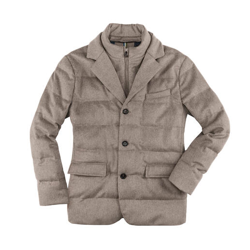 Beige Kaschmir-Daunenblazer mit Taschen und Knöpfen.