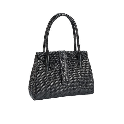 Allan K Flechtleder-Tote Bag in Schwarz, seitlich stehend.