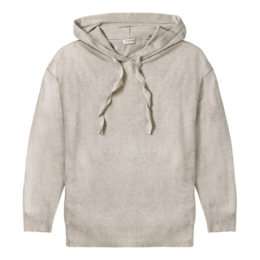 Beige Hoodie mit Kängurutasche und gekordelten Schnürsenkeln.