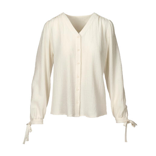 Helle Baumwoll-Kaschmir-Bluse mit langen Ärmeln und Bindebändern.
