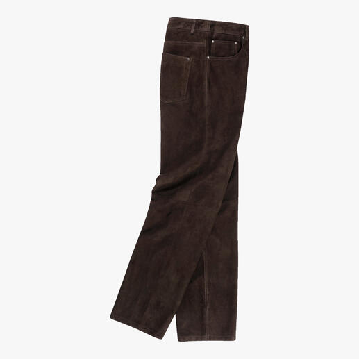 Die Five-Pocket aus samtweichem Ziegenvelours-Leder. Viel robuster, langlebiger (und origineller) als herkömmliche Stoffhosen.