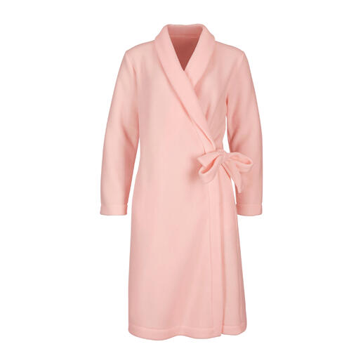 Rosa Fleece-Morgenmantel, frontal abgebildet.