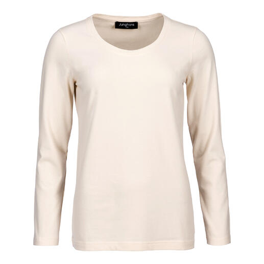 Damen Kaschmir-Longsleeve in Ecru mit Rundhalsausschnitt