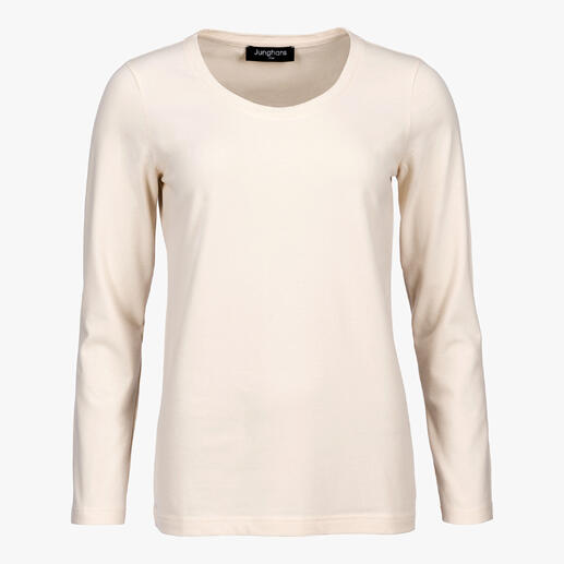 Damen Kaschmir-Longsleeve in Ecru mit Rundhalsausschnitt