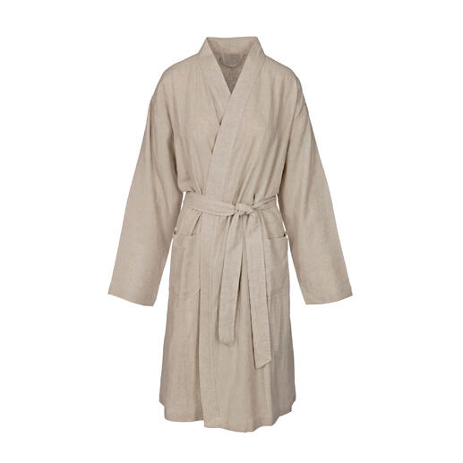 Beige Kimono-Bademantel in Vorderansicht auf einem weißen Hintergrund.
