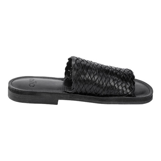 Cano Flecht-Slides Huarache Schwarze Flecht-Slides von Cano, seitliche Ansicht.