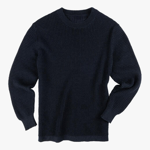 Dunkelblauer Waffelpullover in einer strukturierten Optik, Größe 48.